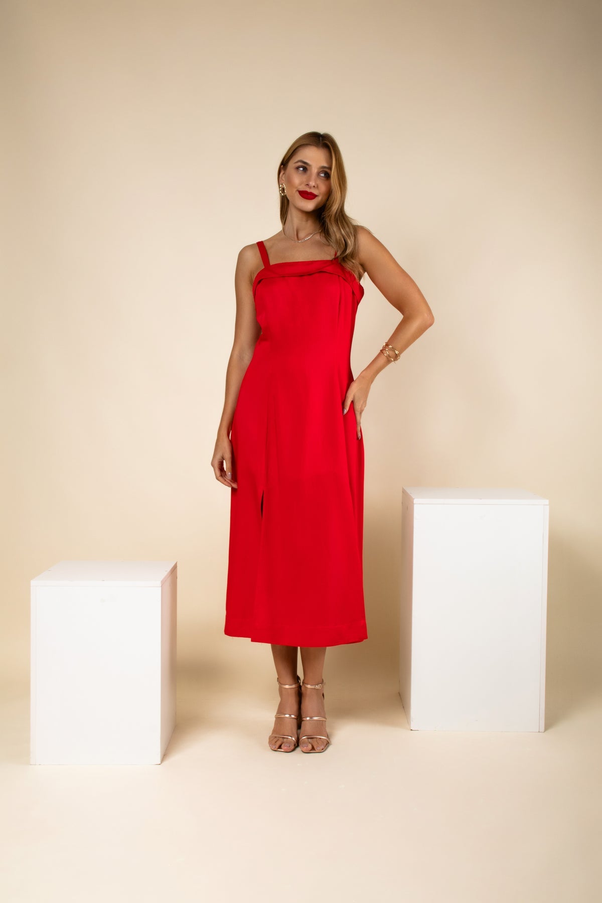 Elegant Red Midi Dress with Front Slit